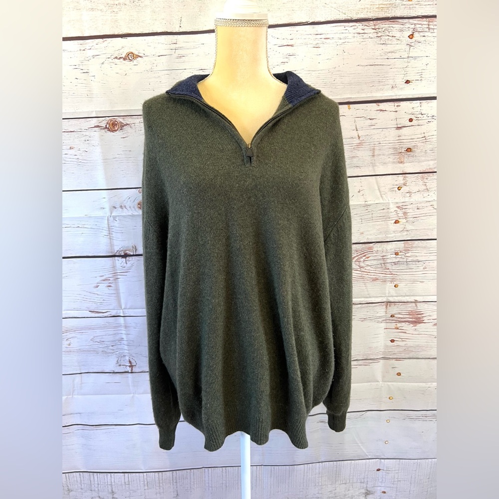 W.H. Belk Men’s Dark Green Super Soft 100% Cashmere Quarter Zip Pullover Size XL - Picture 7 of 8
